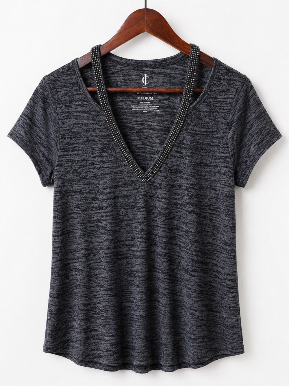 Juicy Couture Y2K Glam Studded V-Neck Tee Gray Charcoal Sz M NWT Rhinestone Top